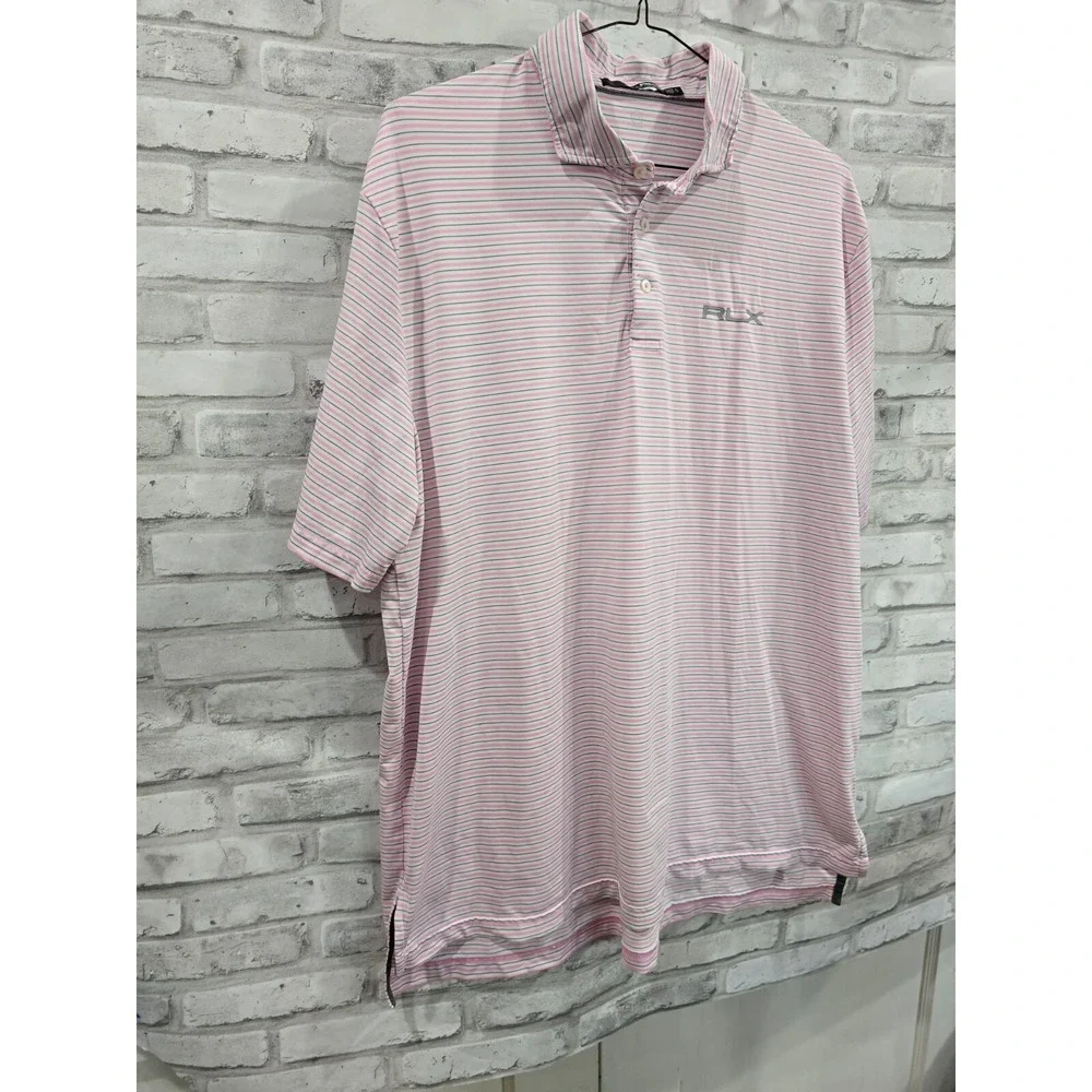 Ralph Lauren RLX Pink Gray White Horitzontal Stripe Polo Sz XL‎ Embroidered Logo